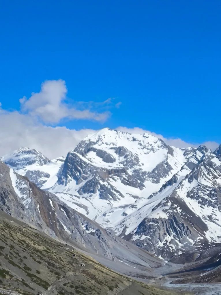 Om Parvat and snow-covered ridges above a high Himalayan valley